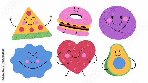 A colorful flat vector illustration set of cute food characters showing emotions, happy pizza slice, smiling burger, dancing donut, blushing strawberry, cheerful avocado