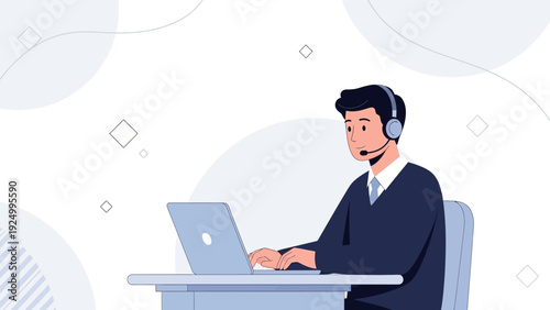 Customer Service Agent with Headset Working on Laptop at Desk