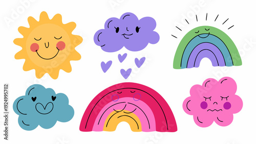 A colorful flat vector illustration set of weather characters with emotions, smiling sun, sleepy cloud, crying rain cloud, happy rainbow, windy cloud