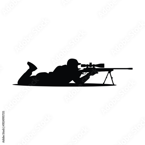 Silhouette of a person in prone position aiming a rifle with a scope. isolated on white background, Vector, illustration