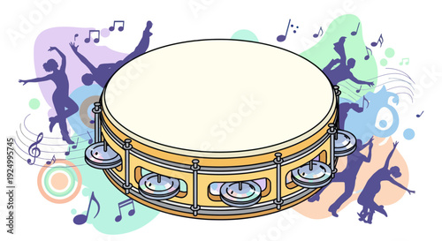 A cheerful illustration of a tambourine with dancing silhouettes and musical notes.