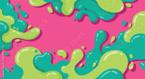 Vibrant abstract paint splatters on a bright pink background, captured from a top-down viewpoint, showcasing dynamic liquid art