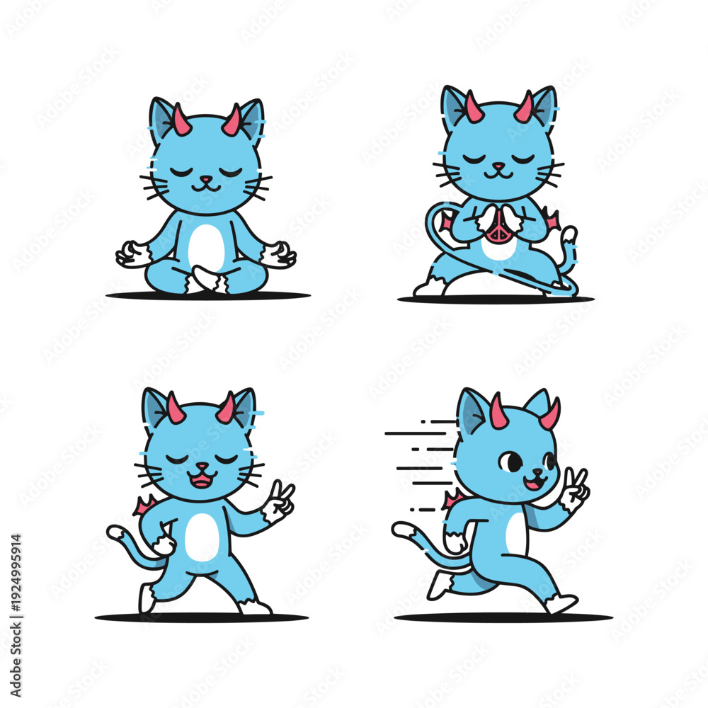 Obraz premium Cartoon blue cat practicing yoga poses with red horns on white background