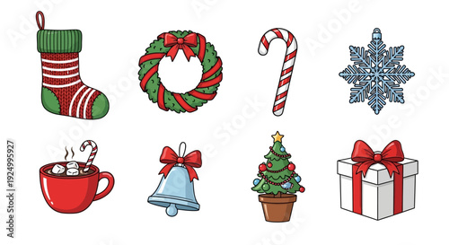 Collection of festive Christmas decorations and holiday elements on white background.