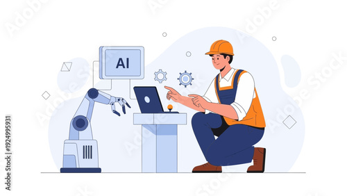 Engineer with AI robot arm and laptop, industrial automation concept
