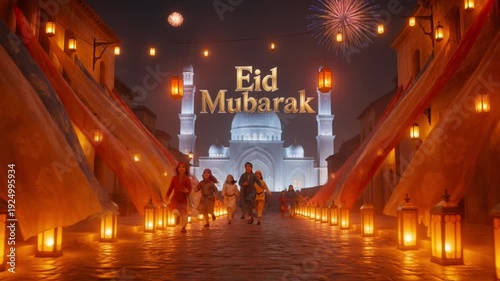 Majestic mosque lit up at night with lanterns lining cobblestone street