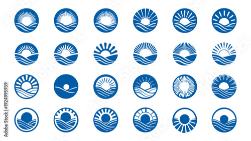 Sun & Sunrise Logo Icon set. Flat minimalistic blue icons of rising suns, horizon lines, rays, arcs, and abstract light beams vector silhouette