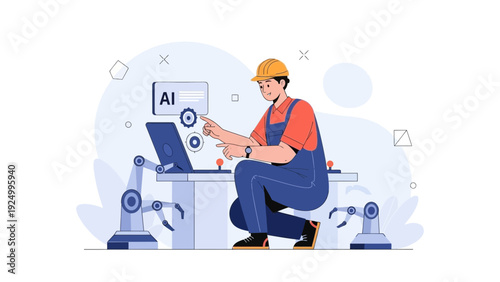Engineer with robotic arms and AI on laptop, industrial automation concept