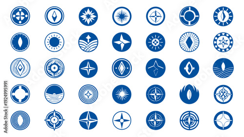 Travel & Compass Logo Icon set. Flat minimalistic blue icons of compasses, arrows, maps, and directional symbols vector silhouette
