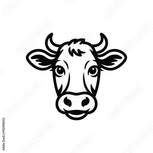 A stylized black and white illustration of a cow's face with horns and expressive eyes isolated on white background, Vector, illustration