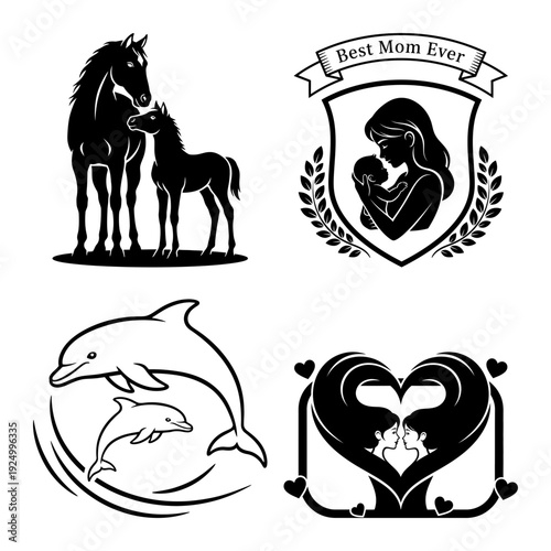 Best mom quote horse and dolphin motherhood silhouette icon bundle