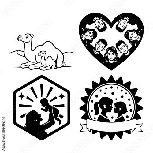 Camel family heart badge and mother child silhouette icon bundle