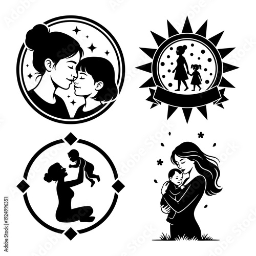 Mother child love and care silhouette icon bundle