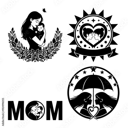 Mom typography umbrella protection and floral silhouette icon bundle