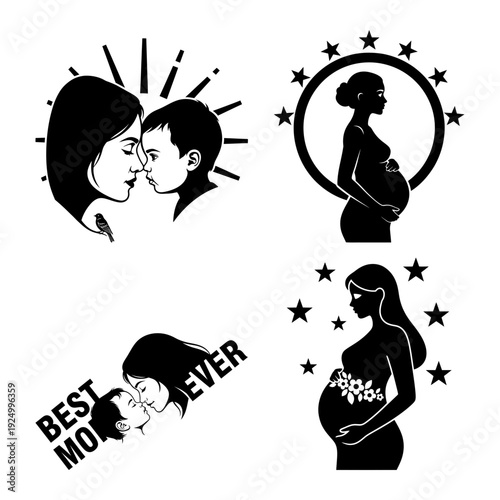 Maternity pregnancy and best mom quote silhouette icon bundle