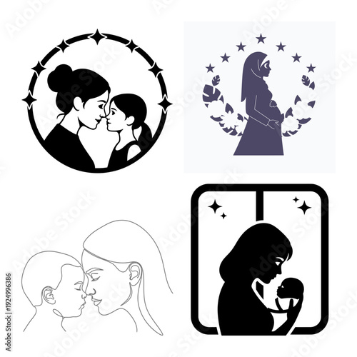 Mother daughter portrait and hijab maternity silhouette icon bundle