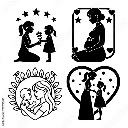 Mother daughter flower gift and maternity silhouette icon bundle