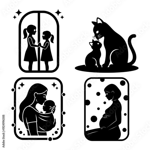 Mother daughter cat family and maternity silhouette icon bundle