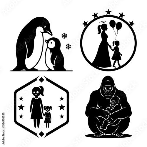 Penguin and gorilla motherhood family silhouette icon bundle