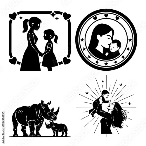 Mother daughter love and rhino family silhouette icon bundle