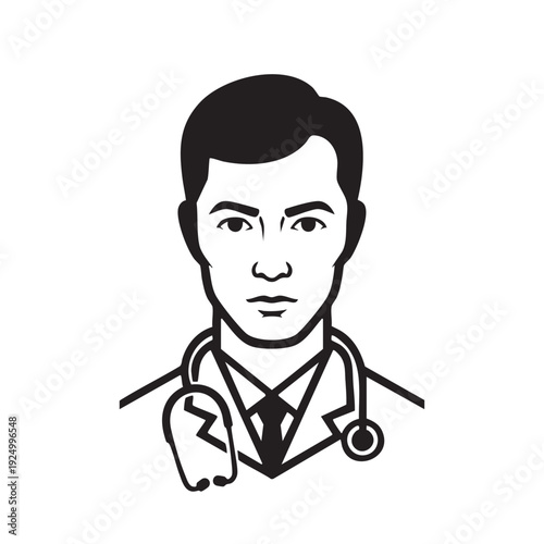 Stylized black and white illustration of a male doctor with a stethoscope around his neck, representing healthcare and medical professionals.