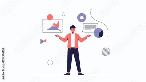 Man with data analysis and business strategy elements, infographic style