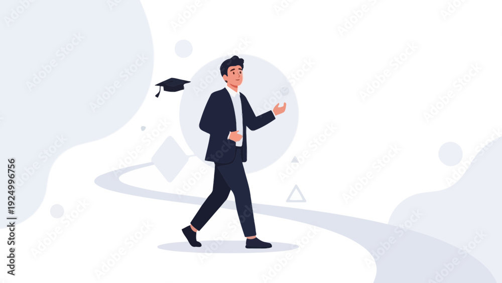 Obraz premium Man in Suit Walking Towards Graduation Cap Flying Away