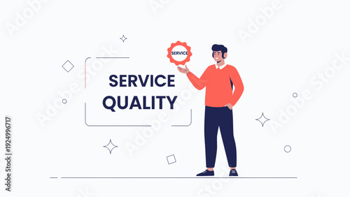 Man holding service quality badge, illustration for customer satisfaction, business excellence