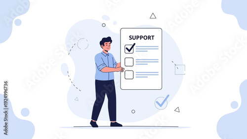 Man holding support checklist, customer service, help desk concept illustration