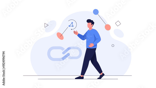 Man Juggling Abstract Concepts, Linking Ideas, Digital Network Connections