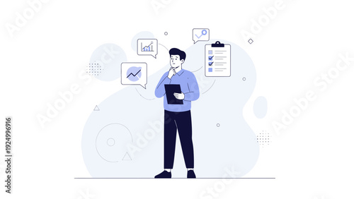 Man planning business strategy with analytics and checklist, modern flat illustration