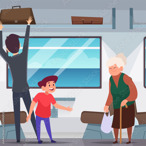 Polite child. giving way to the elderly in subway train interior