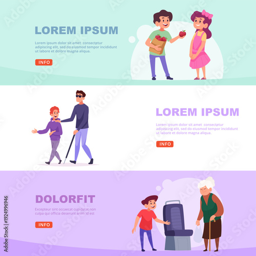Polite kids. little children helping adults and elderly people. horizontal banners