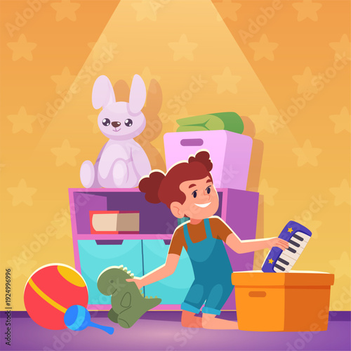 Put away toys. kid cleaning self room. vector cartoon background