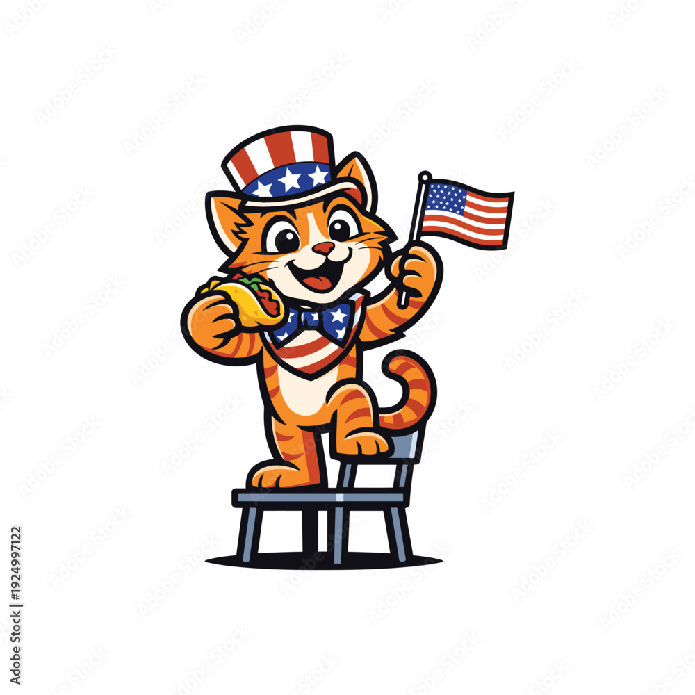 Naklejka premium Cute Patriotic Cat Mascot Holding Taco and USA Flag Wearing Uncle Sam Hat Vector Illustration