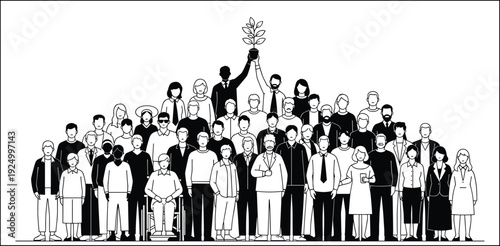 Large group of diverse people standing together celebrating sustainability, corporate social responsibility, environmental growth, community support, and green business success.