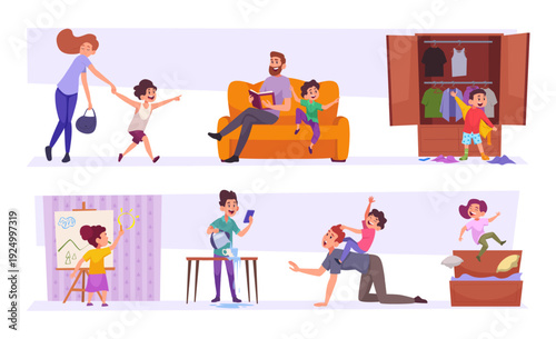 Adhd kids. Hyperactive people in action scenes hyperactive and impulsivity childrens exact vector cartoon template