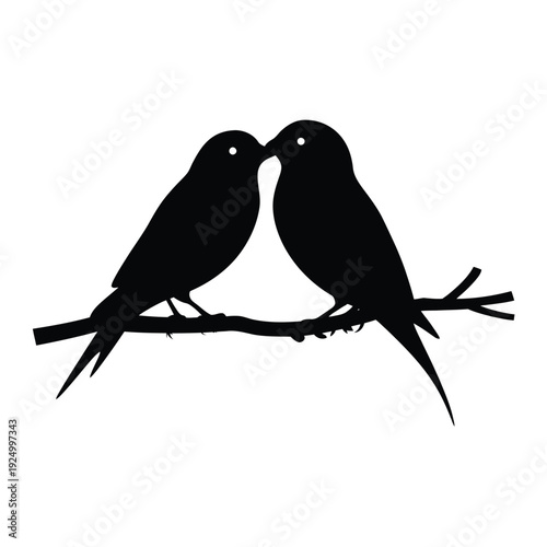 Two birds sharing an affectionate moment on a branch in silhouette style isolated on white background, Vector, illustration