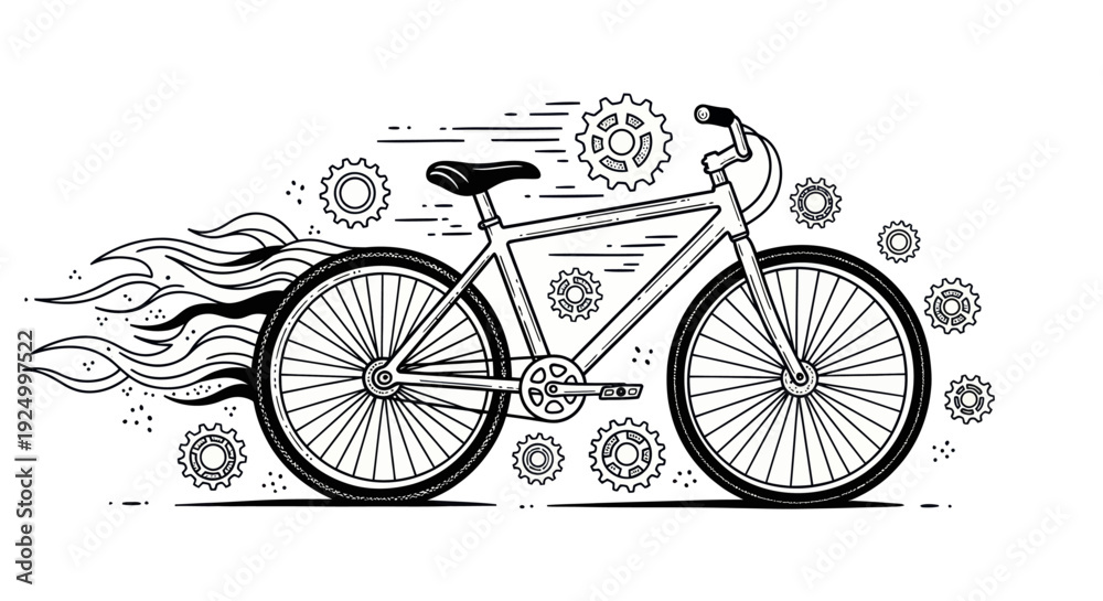 Fototapeta premium Stylized bicycle with fiery motion and gears.