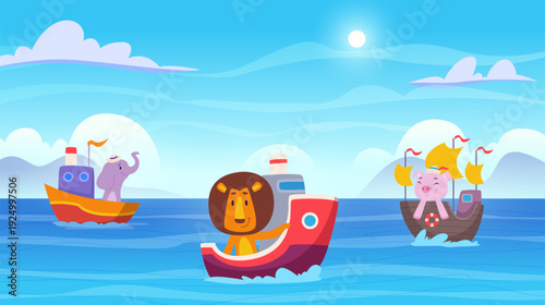Animal boating. Ocean background with boating little animals exact vector template