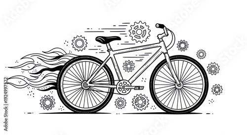 Stylized bicycle with fiery motion and gears.