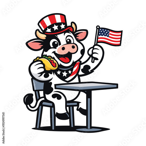 Cute Patriotic Cow Mascot Holding Taco and USA Flag Wearing Uncle Sam Hat Vector Illustration