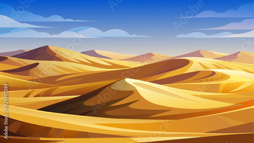 Smooth golden sand dunes forming soft natural curves across a wide desert landscape layered dunes create depth under a clear open sky clean minimal vector illustration flat design