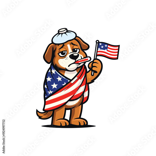Sick Dog Mascot Wrapped in American Flag Blanket Holding USA Flag Cartoon Vector Illustration