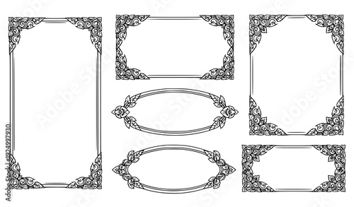 Thai art style decorative vector frames and borders set for invitations and artwork on white background