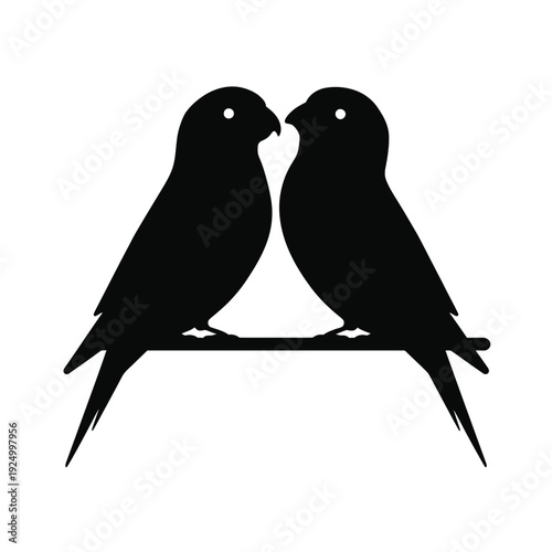 Two birds sharing an affectionate moment on a branch in silhouette style isolated on white background, Vector, illustration