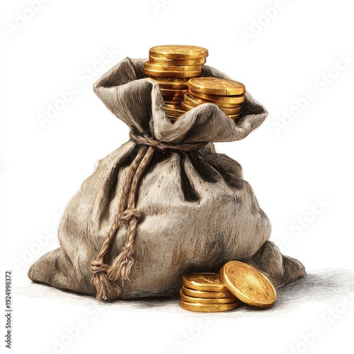 A tan sack tied with rope, overflowing with gold coins, some spilled at the base