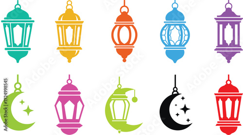 Vibrant ramadan lanterns and crescent moons illustration
