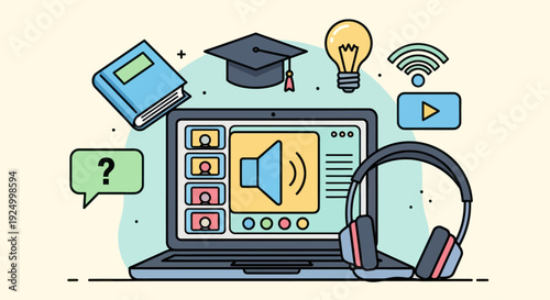 Online learning concept with laptop, book, graduation cap, and headphones.