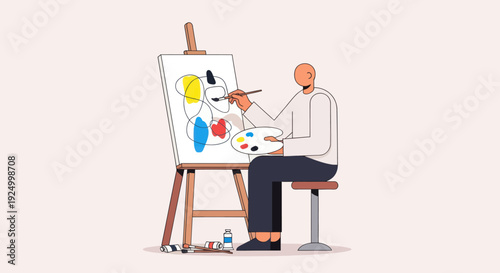 Artist creating an abstract painting on a canvas.